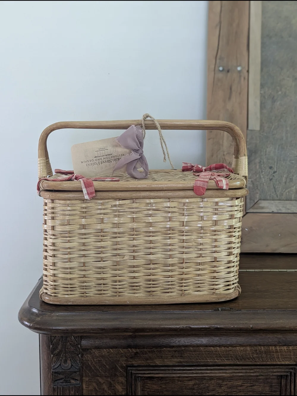 Wicker Sewing Picnic Basket Fabric Lining & Handles